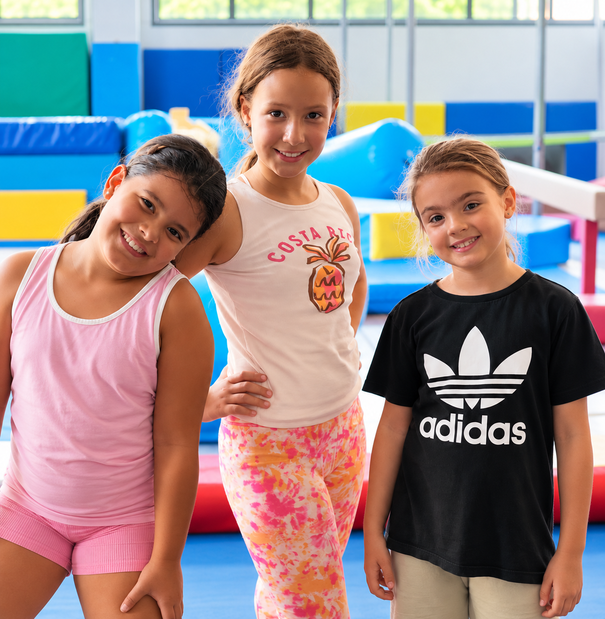 Tre bambine sorridenti in palestra durante l'attività scolastica