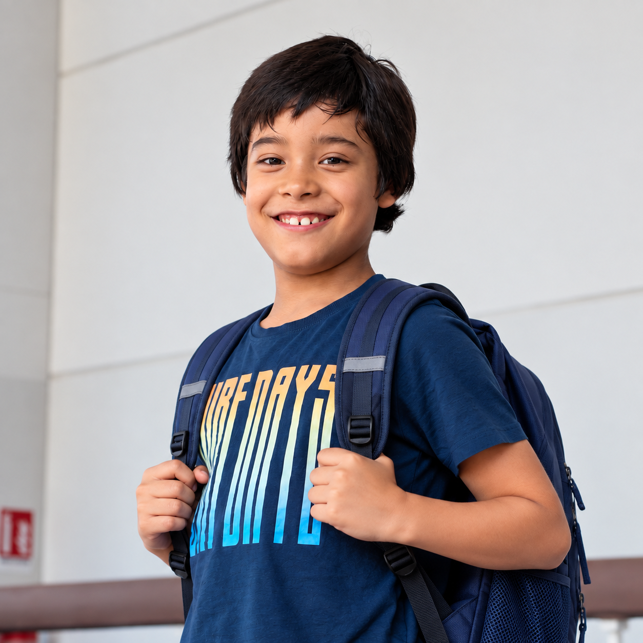 Bambino sorridente con zaino pronto per la scuola