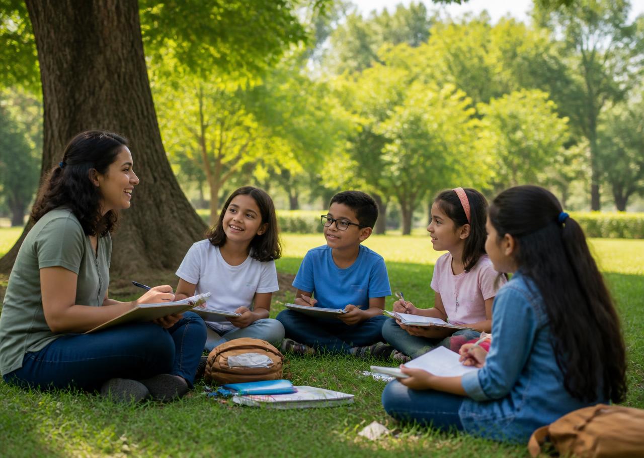 Bambini che studiano all'aperto con un'insegnante